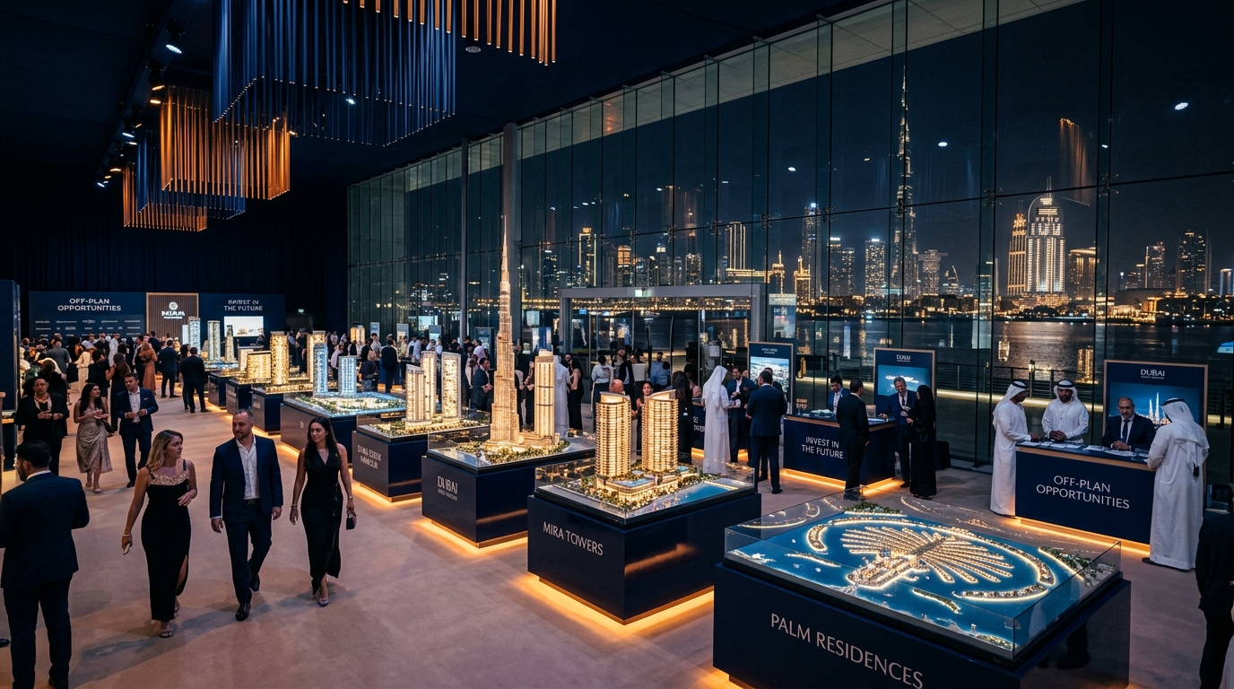 Dubai off-plan property exhibition with illuminated tower models and the city skyline