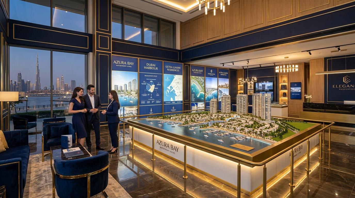 Dubai property showroom with a scale model of a waterfront development
